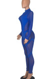 Blauer, sexy, durchsichtiger, durchsichtiger Patchwork-Overall mit O-Ausschnitt