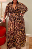 Amarillo Estampado casual Leopardo Patchwork Cuello en V Recto Tallas grandes Vestidos