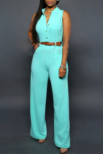 Light Blue Fashion Casual Solid Patchwork V Neck Regular Jumpsuits (Without Belt)