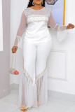 Weiß Mode Lässig Patchwork Durchsichtige Perlenstickerei O-Ausschnitt Langarm Zweiteiler