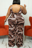 Tangerine Casual Print Patchwork Spaghetti Band Plus Size Jumpsuits