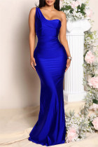 Синее модное сексуальное однотонное вечернее платье с открытой спиной на одно плечо Платья