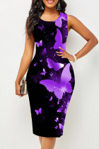 Фиолетовое модное повседневное платье с принтом бабочки и круглым вырезом