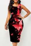 Розово-красное модное повседневное платье с принтом бабочки и круглым вырезом