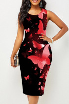 Красное модное повседневное платье с принтом бабочки, базовое платье с круглым вырезом и жилетом