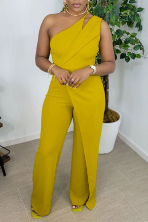 Yellow Fashion Casual Solid Patchwork Asymmetrical Collar Straight Jumpsuits