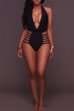 Black Fashion Sexy Solid Bandage Hollowed Out Backless Swimwears (Without Paddings)