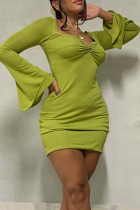 Vestidos de saia lápis verde sexy de patchwork sólido com decote em V