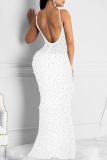 White Fashion Sexy Patchwork Hot Drilling Backless Spaghetti Strap Evening Dress