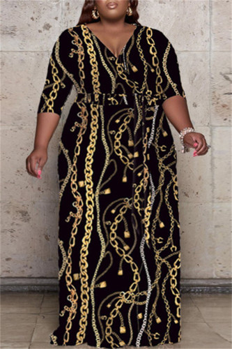 Black Fashion Casual Print Bandage Patchwork V Neck Long Dress