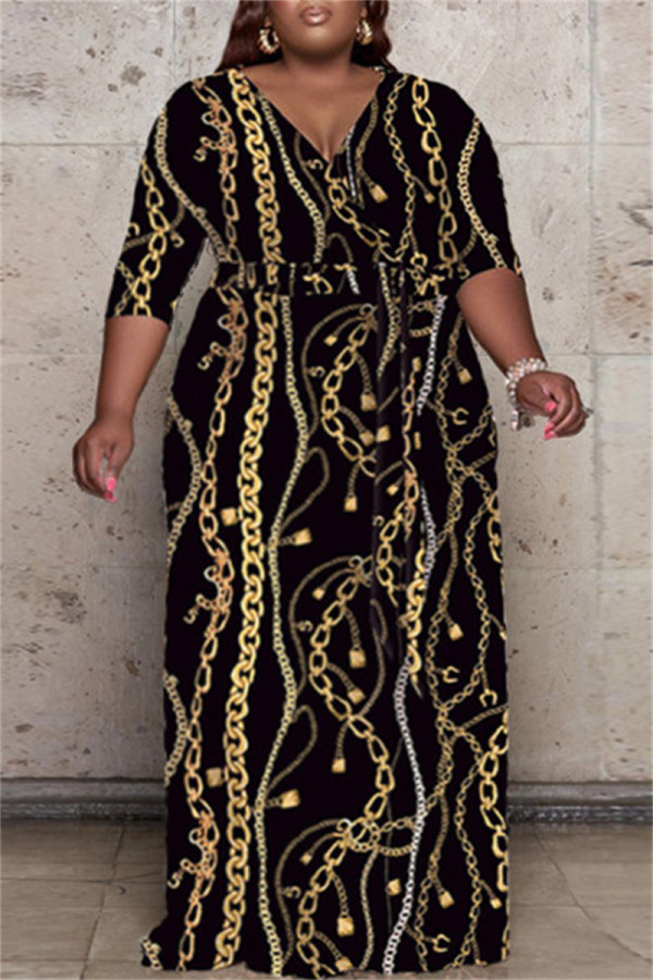 Черное модное повседневное длинное платье с принтом в стиле пэчворк и V-образным вырезом
