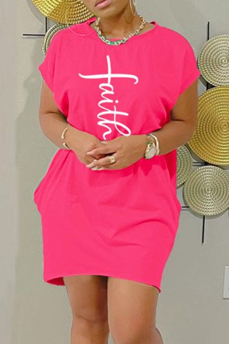 Rose Red Casual Print Patchwork O Neck Straight Dresses
