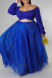 Blauwe mode casual effen patchwork rok in grote maten