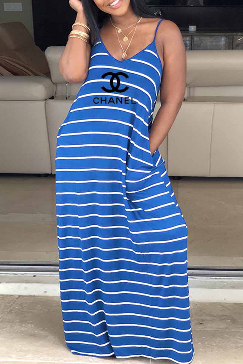 

Blue Fashion Casual Striped Letter Spaghetti Strap Sling Dress Dresses