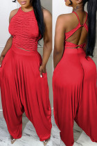 Red Casual Street Solid Patchwork Backless Fold O Neck Sans manches Deux pièces
