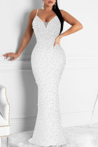 ホワイトファッションセクシーなパッチワークホットドリルバックレススパゲッティストラップイブニングドレス