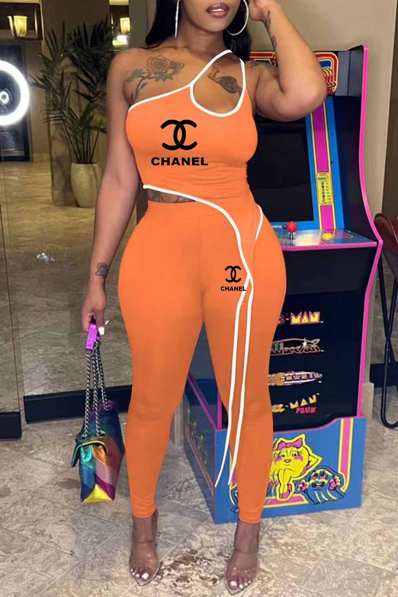 

Orange Fashion Sexy Print Letter One Shoulder Sleeveless Two Pieces