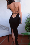 Zwarte sexy effen rugloze halter onregelmatige jurk Jurken
