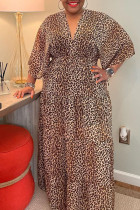Gelber, lässiger Leoparden-Patchwork-V-Ausschnitt, gerade Kleider in Übergröße
