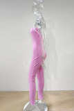 Pink Casual Sportswear Solid Patchwork Spaghetti Strap Skinny Jumpsuits