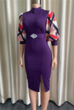 Paarse mode casual print patchwork split met riem halve coltrui kokerrok jurken