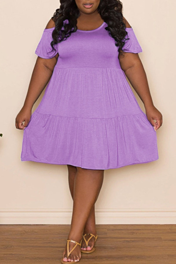 Фиолетовые повседневные однотонные платья в стиле пэчворк с круглым вырезом и трапецией больших размеров