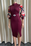 バーガンディ ファッション カジュアル プリント パッチワーク スリット ベルト付き ハーフ タートルネック ペンシル スカート ドレス