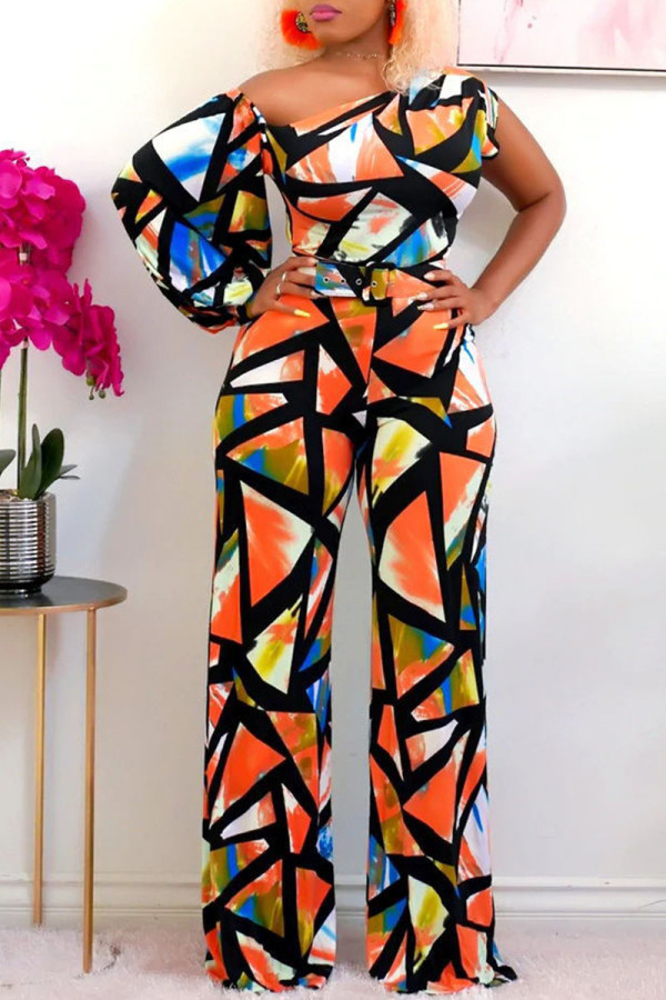 Tangerine Fashion Street Print Patchwork Asymmetrische Schuine Kraag Jumpsuits (Bevatten De Riem)