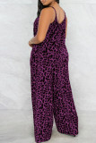 Tangerine Red Sexy Print Leopard Patchwork Spaghetti Band Plus Size Jumpsuits