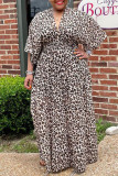 Gul Casual Print Leopard Patchwork V-hals Rak Plus Size klänningar