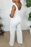 White Fashion Casual Solid Patchwork Asymmetrical Collar Straight Jumpsuits