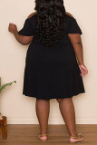 ブラックカジュアルソリッドパッチワークフォールドOネックAラインプラスサイズのドレス