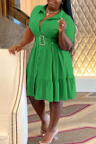 ローズレッドカジュアルソリッドパッチワークバックルターンダウンカラーAラインプラスサイズのドレス