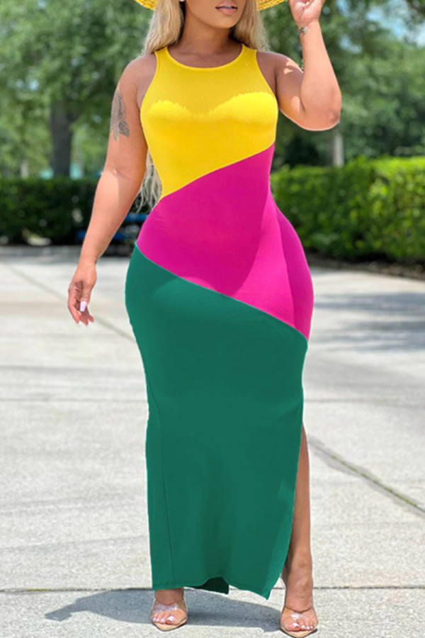 カラー ファッション カジュアル プラス サイズ ソリッド パッチワーク スリット O ネック ノースリーブ ドレス