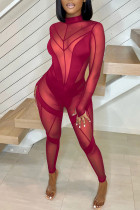 Rode sexy effen patchwork doorschijnende skinny jumpsuits met O-hals