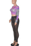 Purple Sexy Print Patchwork See-through O Neck Long Sleeve Two Pieces