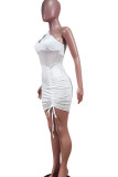 White Sexy Solid Patchwork Asymmetrical Oblique Collar Pencil Skirt Dresses