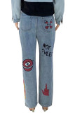Graue, zerrissene Patchwork-Jeans mit hoher Taille und geradem Schnitt