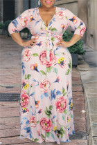 Розовое модное повседневное длинное платье с принтом в стиле пэчворк и V-образным вырезом