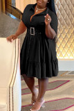 ブラックカジュアルソリッドパッチワークバックルターンダウンカラーAラインプラスサイズのドレス