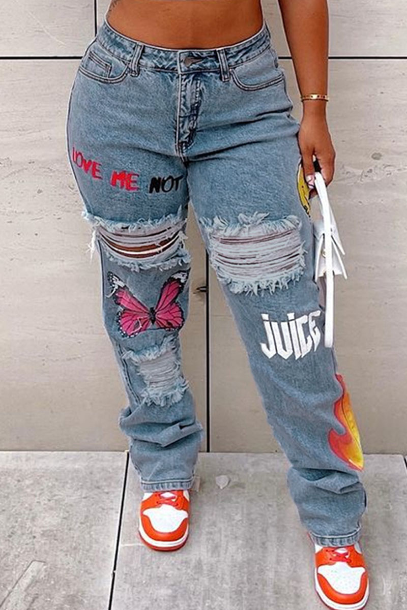 

Blue Street Print Ripped Make Old Patchwork High Waist Straight Denim Jeans