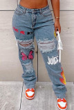 Gris Street Print Ripped Make Old Patchwork Jeans rectos de cintura alta