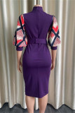 Blauwe mode casual print patchwork split met riem halve coltrui kokerrok jurken