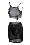 Black Fashion Sexy Patchwork Hot Drilling See-through Backless Spaghetti Strap Sleeveless Two Pieces