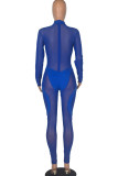 Blue Sexy Solid Patchwork See-through O Neck Skinny Jumpsuits