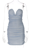 ブルーのセクシーなソリッドパッチワークストラップレスペンシルスカートドレス