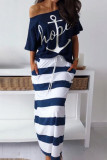 White Blue Fashion Casual Print Basic Oblique Collar Half Sleeve Two Pieces
