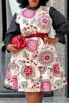 Patchwork estampado informal de moda multicolor con cinturón cuello redondo manga larga vestidos de talla grande