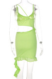 Green Fashion Sexy Solid Hollowed Out Patchwork Backless Spaghetti Strap Sleeveless Dress