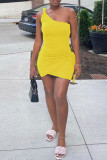 Yellow Fashion Sexy Solid Bandage Backless One Shoulder Sleeveless Dress Dresses